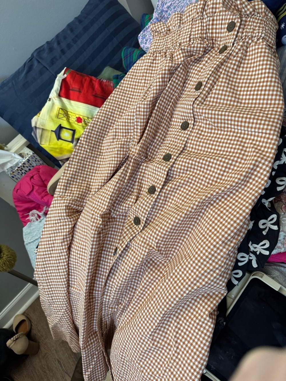 Everlane Brown and White Gingham A-Line Button-Front Skirt